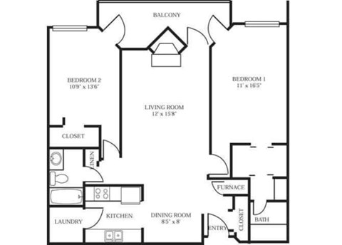 Floor plan for 2 beds, 2 baths, 1048 sqft